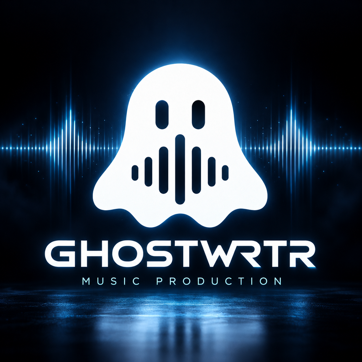 Ghostwrtr music production — white ghost with a blue neon waveform
