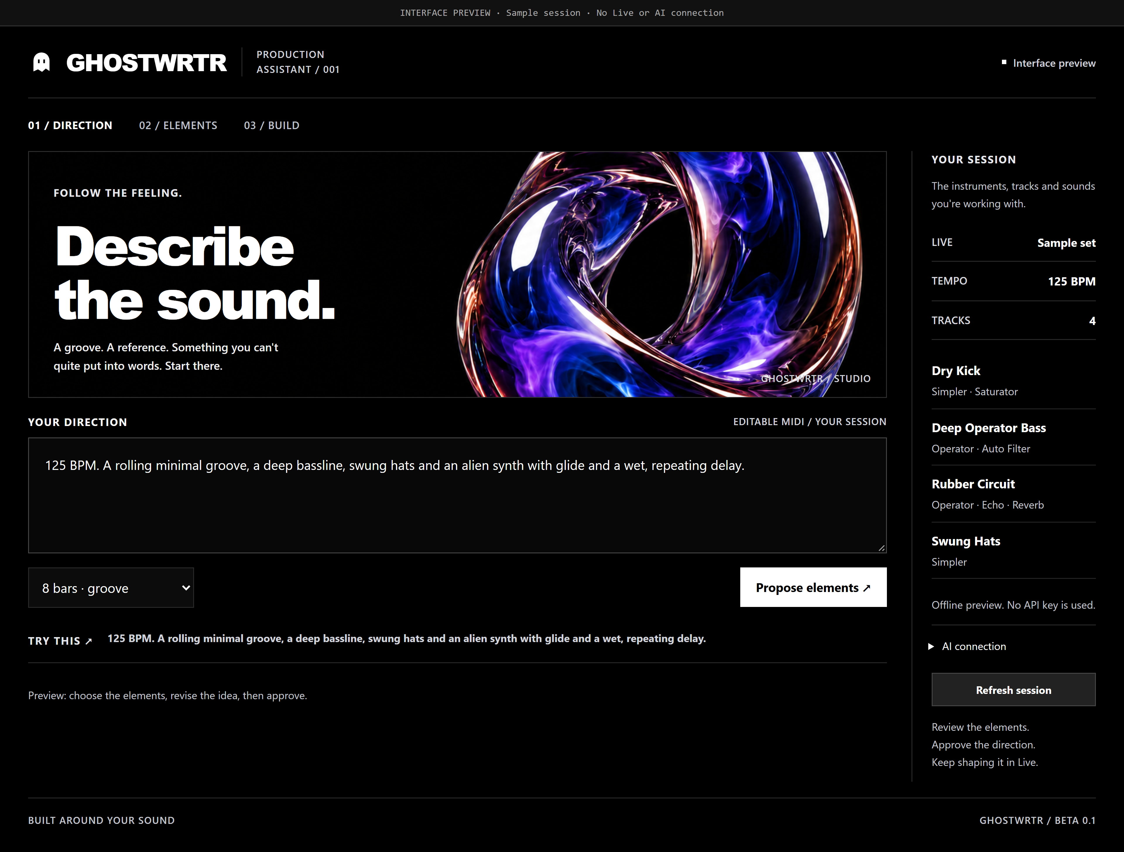 Ghostwrtr studio with a natural-language direction box, arrangement length and Propose elements button